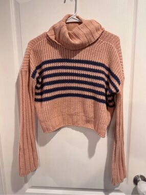 SO Blush Pink Cropped Turtleneck Sweater with Navy Stripes
